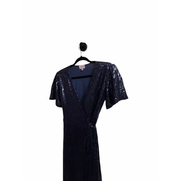 DMFashion Navy Sequin Wrap Maxi Dress Size Small Flutter Sleeve Formal Evening - Picture 10 of 16
